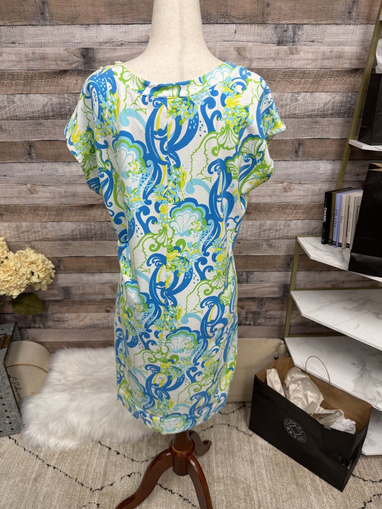 Lilly Pulitzer Aqua & Green V-Neck Short Sleeve Cotton Shirt Dress