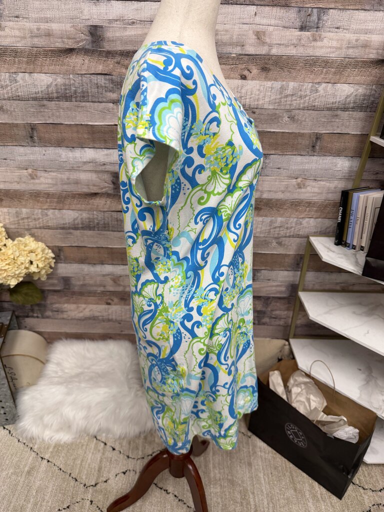 Lilly Pulitzer Aqua & Green V-Neck Short Sleeve Cotton Shirt Dress