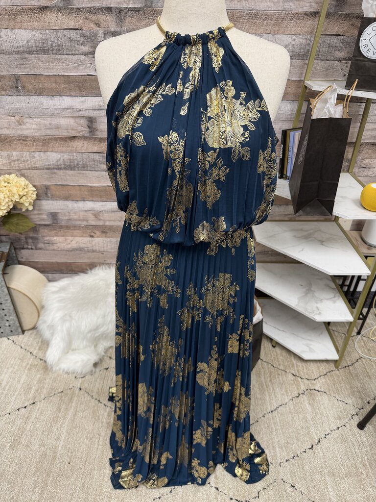 MSK Blue & Gold Floral Print Halter Neck Dress