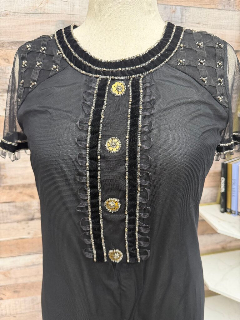 Anna Sui Black Short Sleeve Dress With Beaded Embellishment