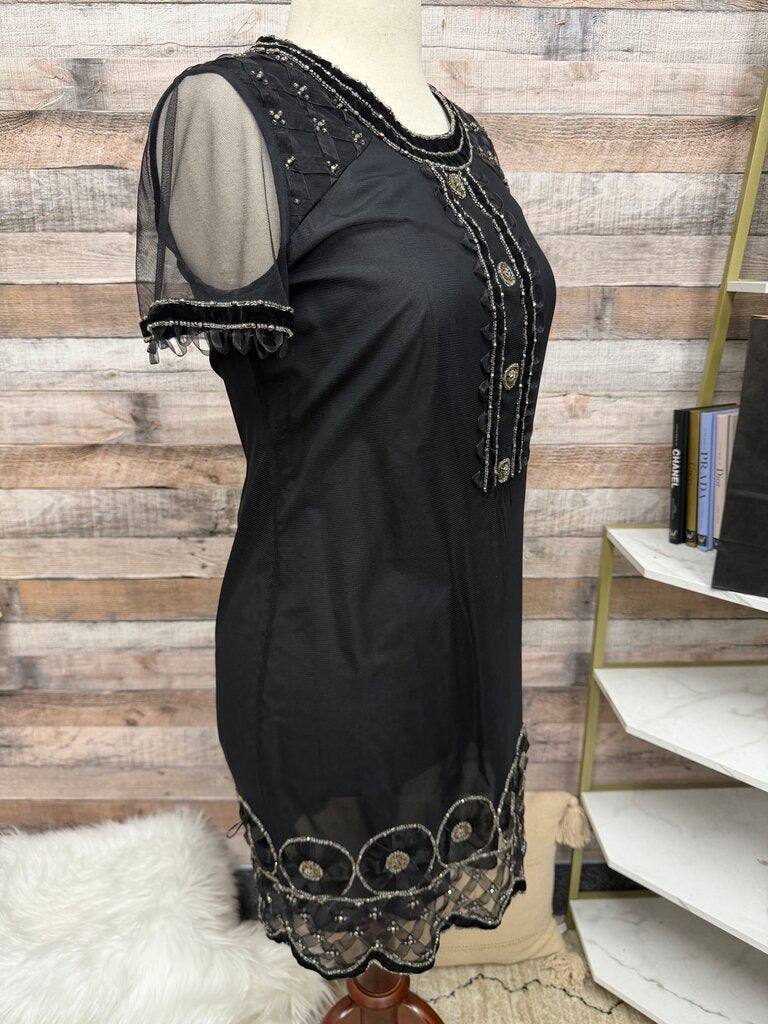Anna Sui Black Short Sleeve Dress With Beaded Embellishment