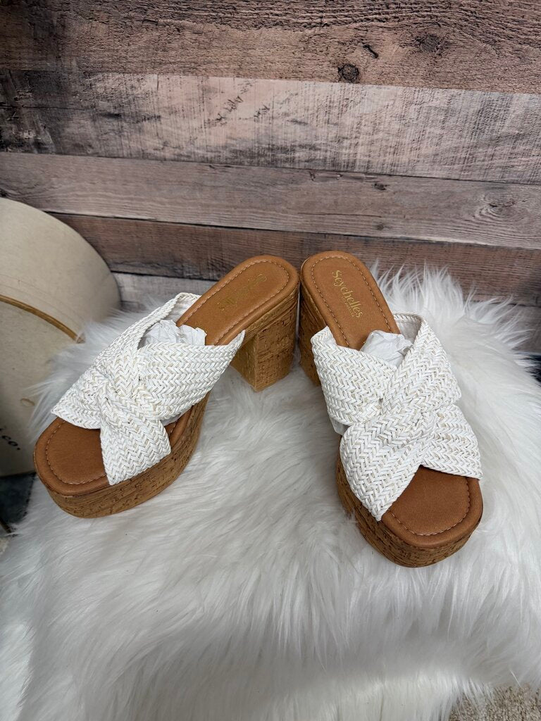 NWT Seychelles LA White Raffia Cork Block Heel
