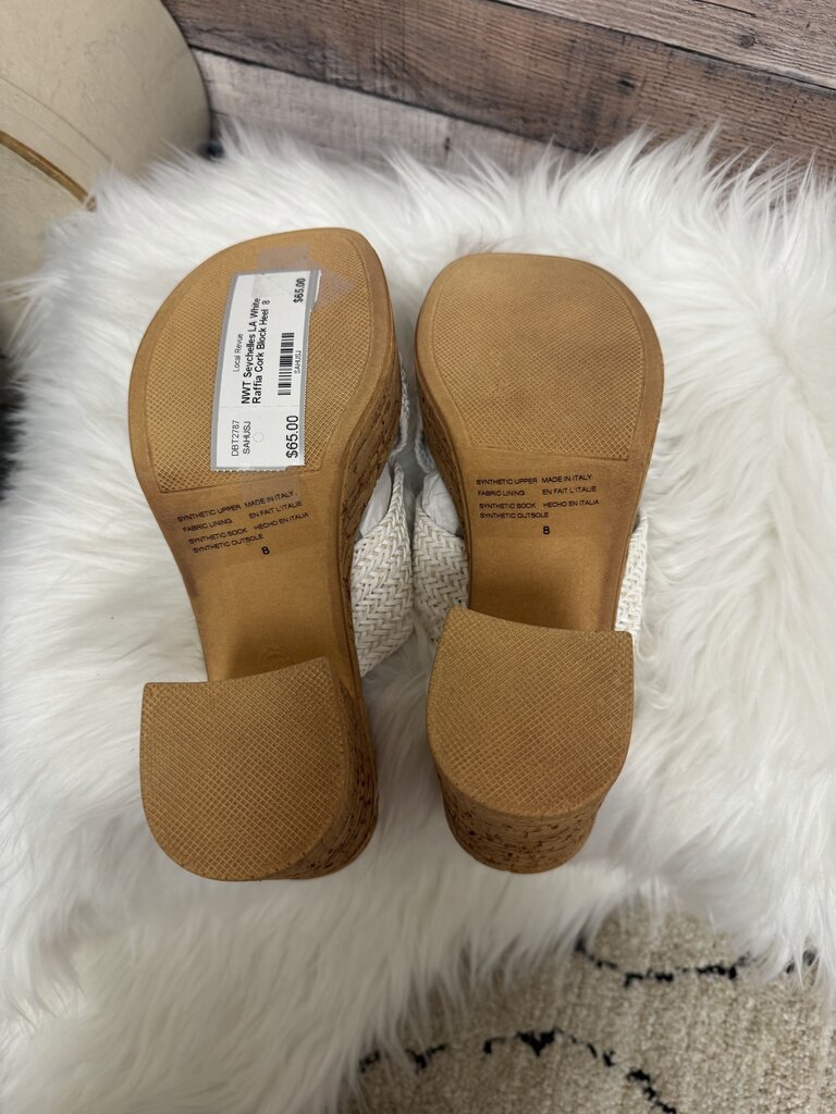 NWT Seychelles LA White Raffia Cork Block Heel