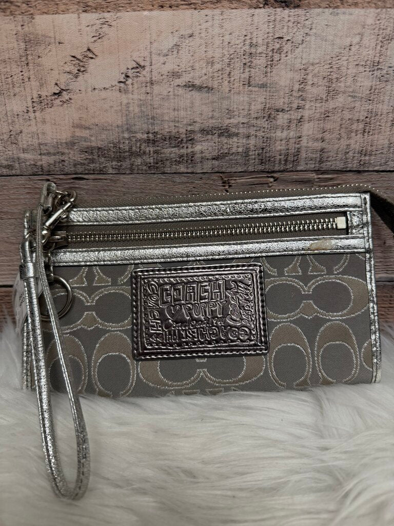 Coach Tan & Silver Signature Logo Print Wristlet