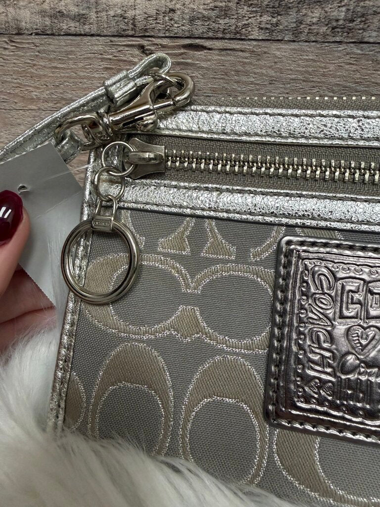 Coach Tan & Silver Signature Logo Print Wristlet