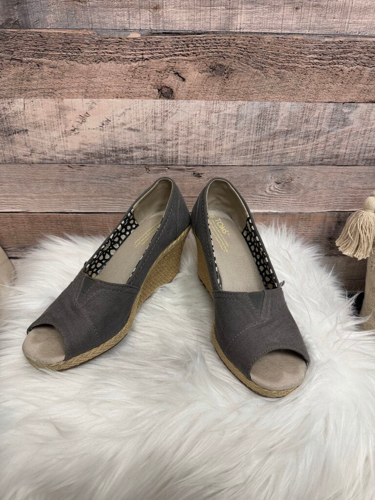 TOMS Grey Canvas Peep-Toe Wedge