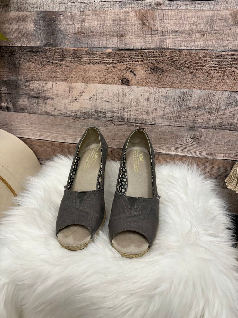 TOMS Grey Canvas Peep-Toe Wedge