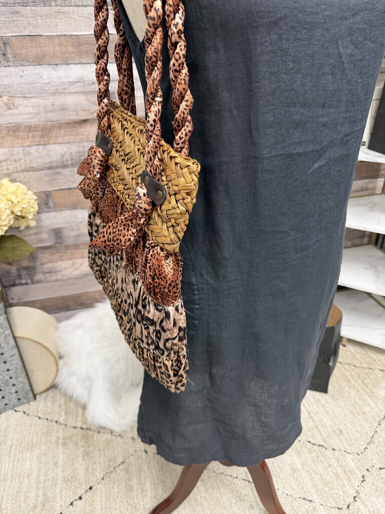 Blue Miami Woven Straw Leopard Print Bag