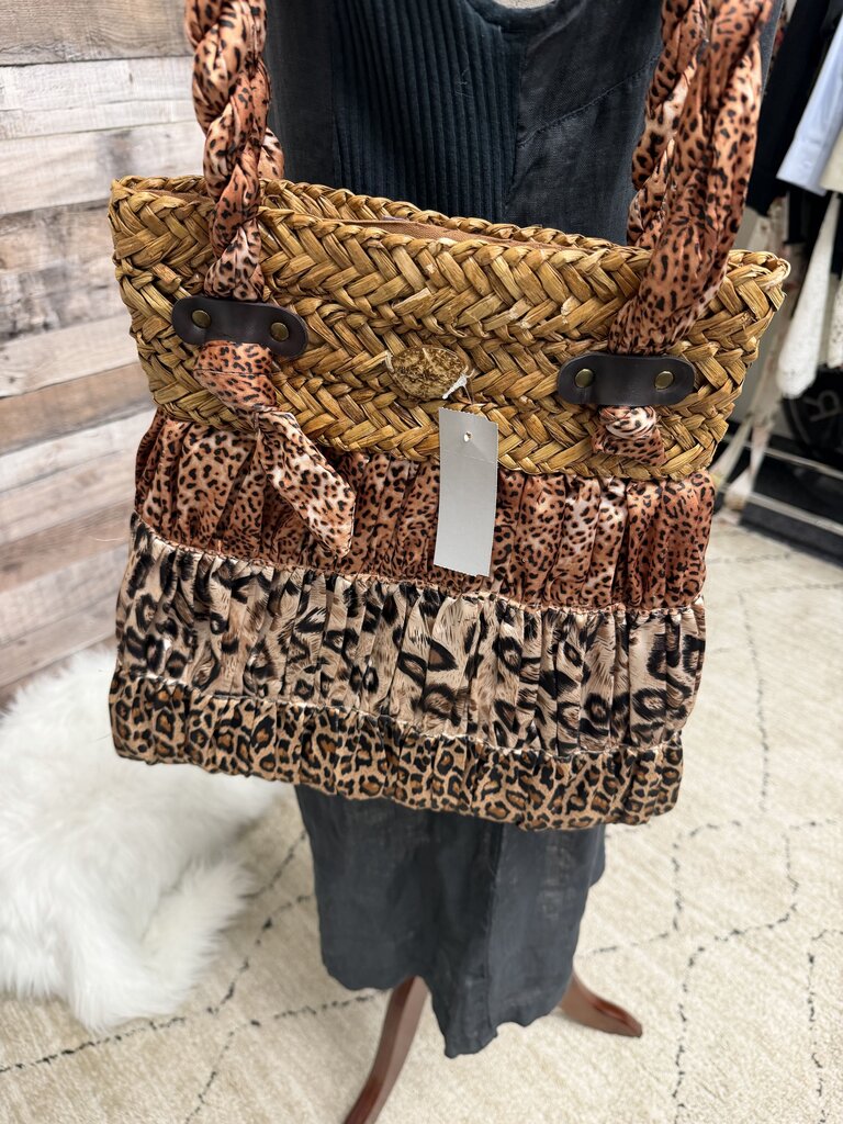 Blue Miami Woven Straw Leopard Print Bag