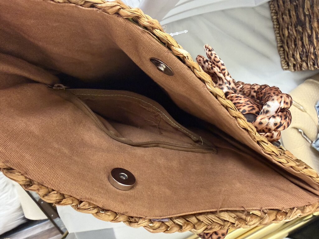 Blue Miami Woven Straw Leopard Print Bag