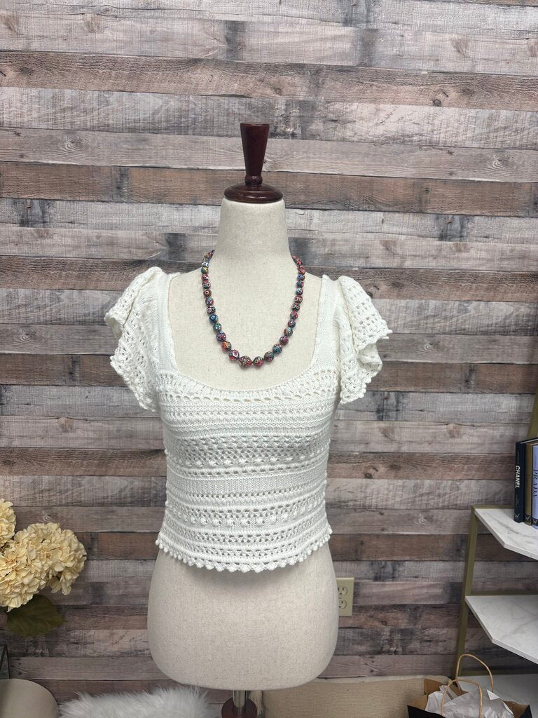 Sincerely Jules White Chrochet Knit Crop Top With Ruffle Cap Sleeves
