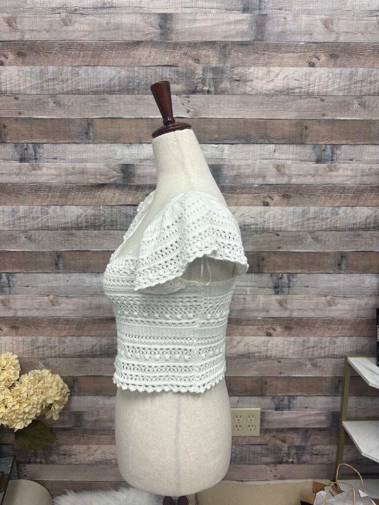 Sincerely Jules White Chrochet Knit Crop Top With Ruffle Cap Sleeves