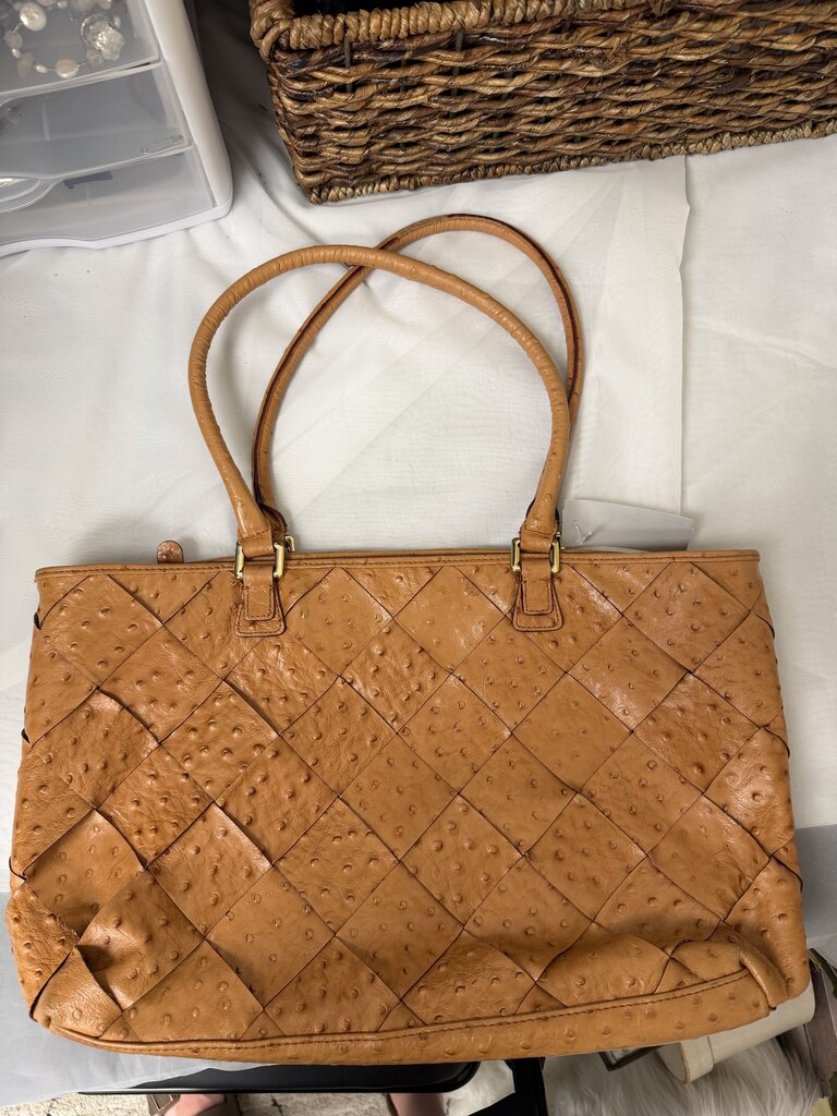 Antonio Melani Brown Faux Ostrich Leather Tote Bag Woven Bag