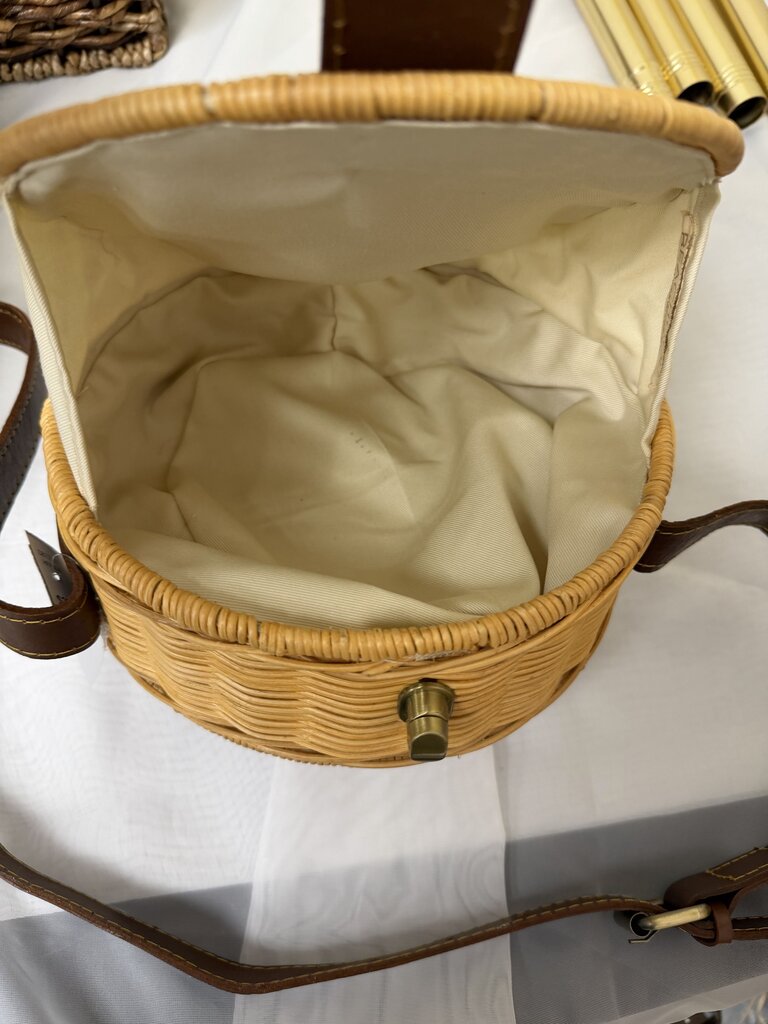 Woven Rattan Round Bag With Leather Strap