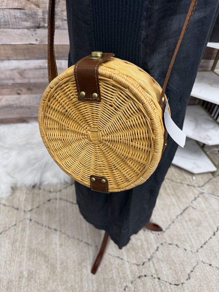 Woven Rattan Round Bag With Leather Strap