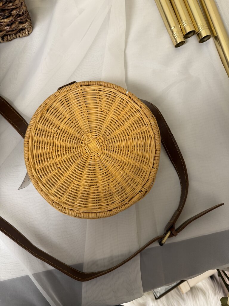 Woven Rattan Round Bag With Leather Strap