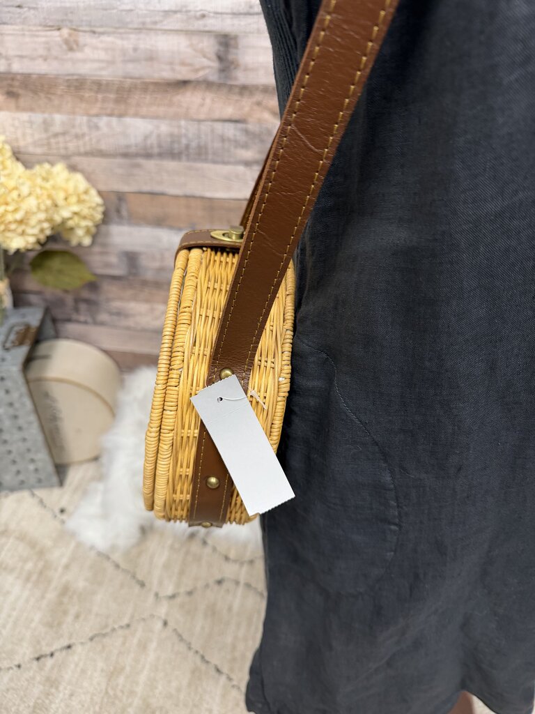 Woven Rattan Round Bag With Leather Strap