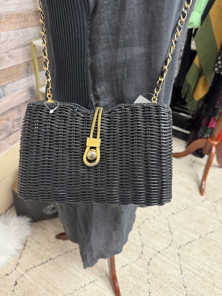 Woven Black & Gold Tone Strap & Closure Bag