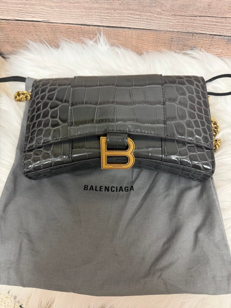 Balenciaga Hourglass Croc Embossed Gold Chain Crossbody