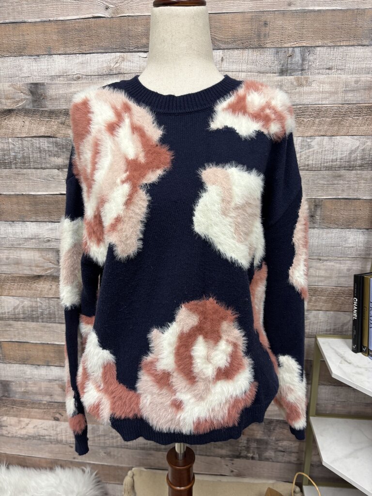 Charlie B Navy/Pink Floral Print Knit Sweater Fuzzy Fabric