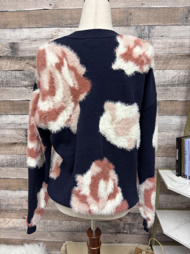 Charlie B Navy/Pink Floral Print Knit Sweater Fuzzy Fabric