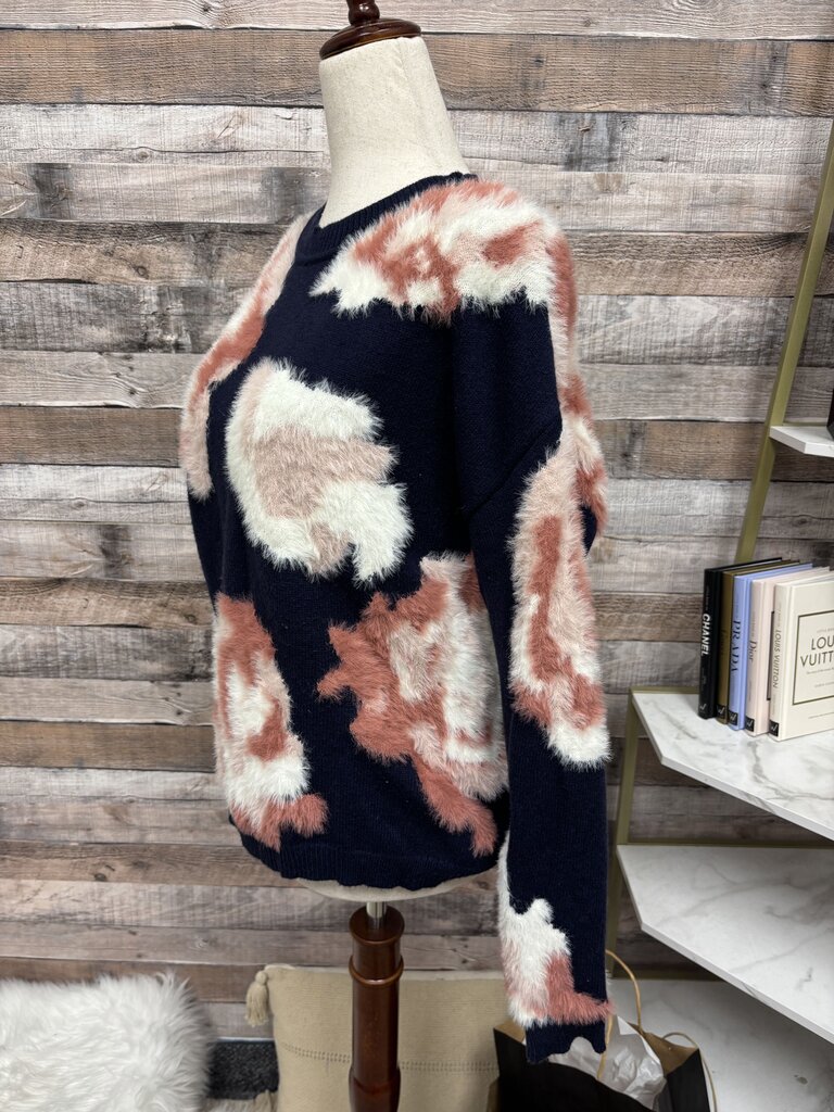 Charlie B Navy/Pink Floral Print Knit Sweater Fuzzy Fabric