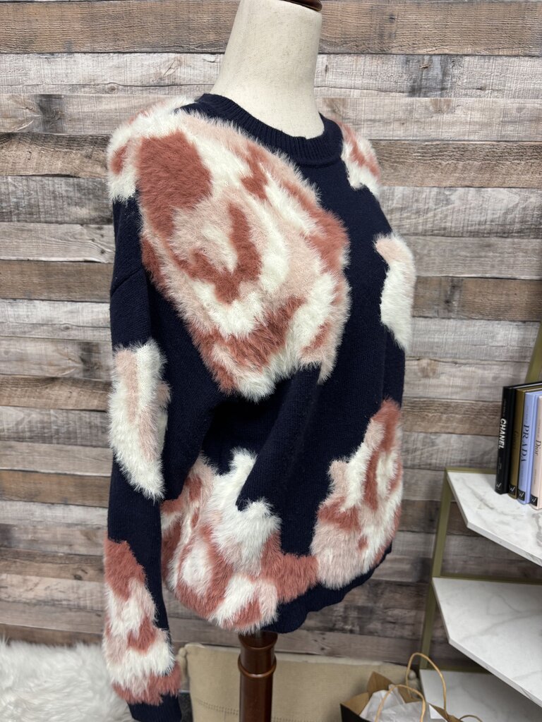 Charlie B Navy/Pink Floral Print Knit Sweater Fuzzy Fabric