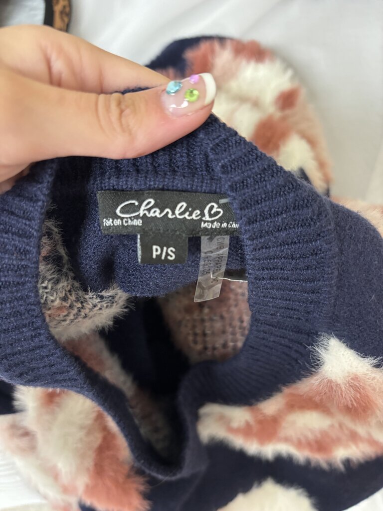 Charlie B Navy/Pink Floral Print Knit Sweater Fuzzy Fabric
