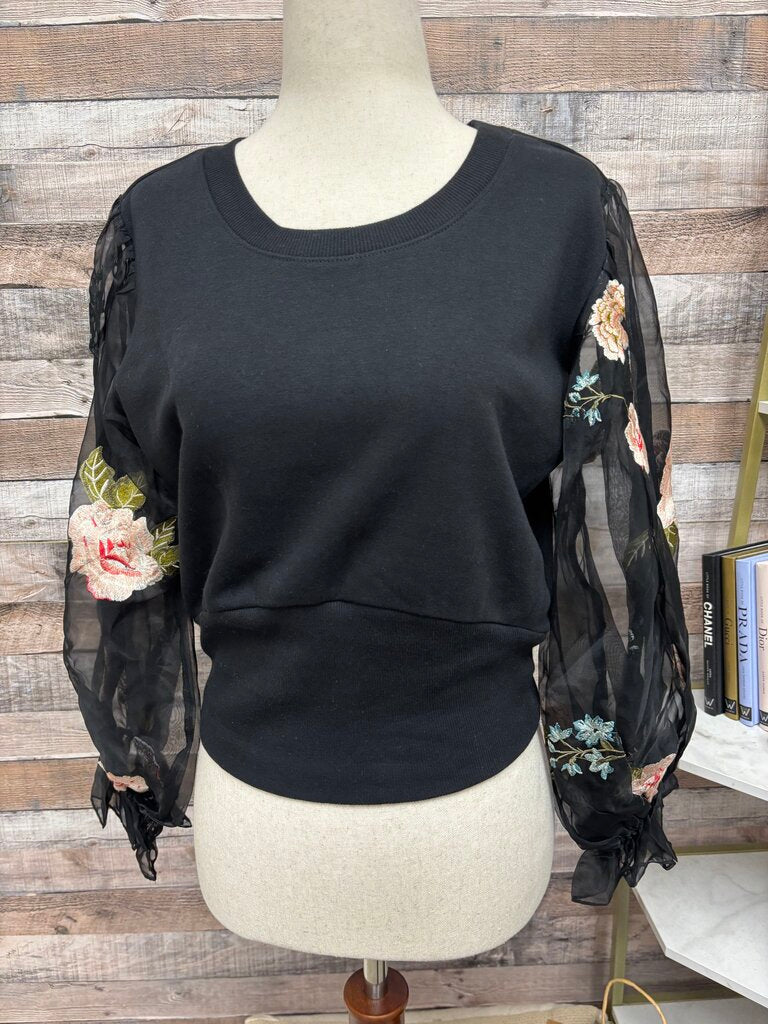 Anthropologie Black Floral Sleeve Sweatshirt Made with Mesh Sleeve Pink Flowers