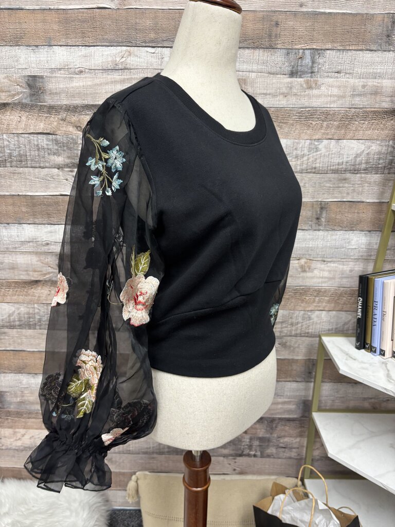 Anthropologie Black Floral Sleeve Sweatshirt Made with Mesh Sleeve Pink Flowers