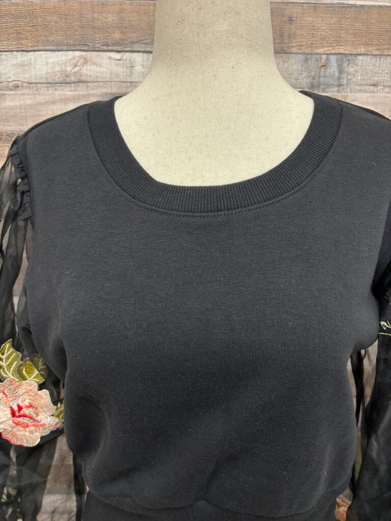 Anthropologie Black Floral Sleeve Sweatshirt Made with Mesh Sleeve Pink Flowers