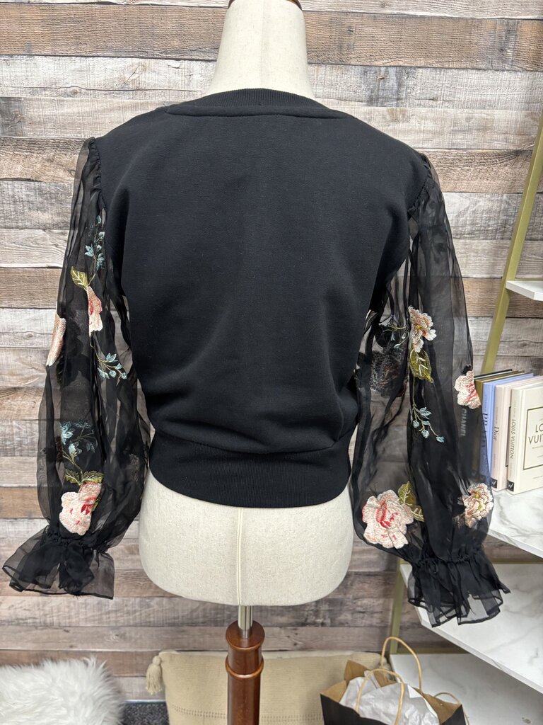 Anthropologie Black Floral Sleeve Sweatshirt Made with Mesh Sleeve Pink Flowers