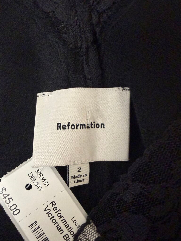 Reformation Black Lace Trim Victorian Blouse