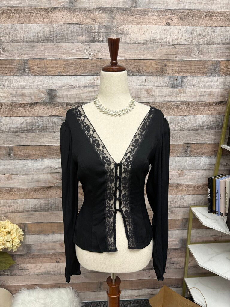 Reformation Black Lace Trim Victorian Blouse