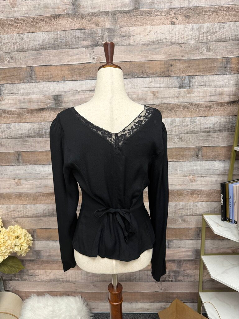 Reformation Black Lace Trim Victorian Blouse