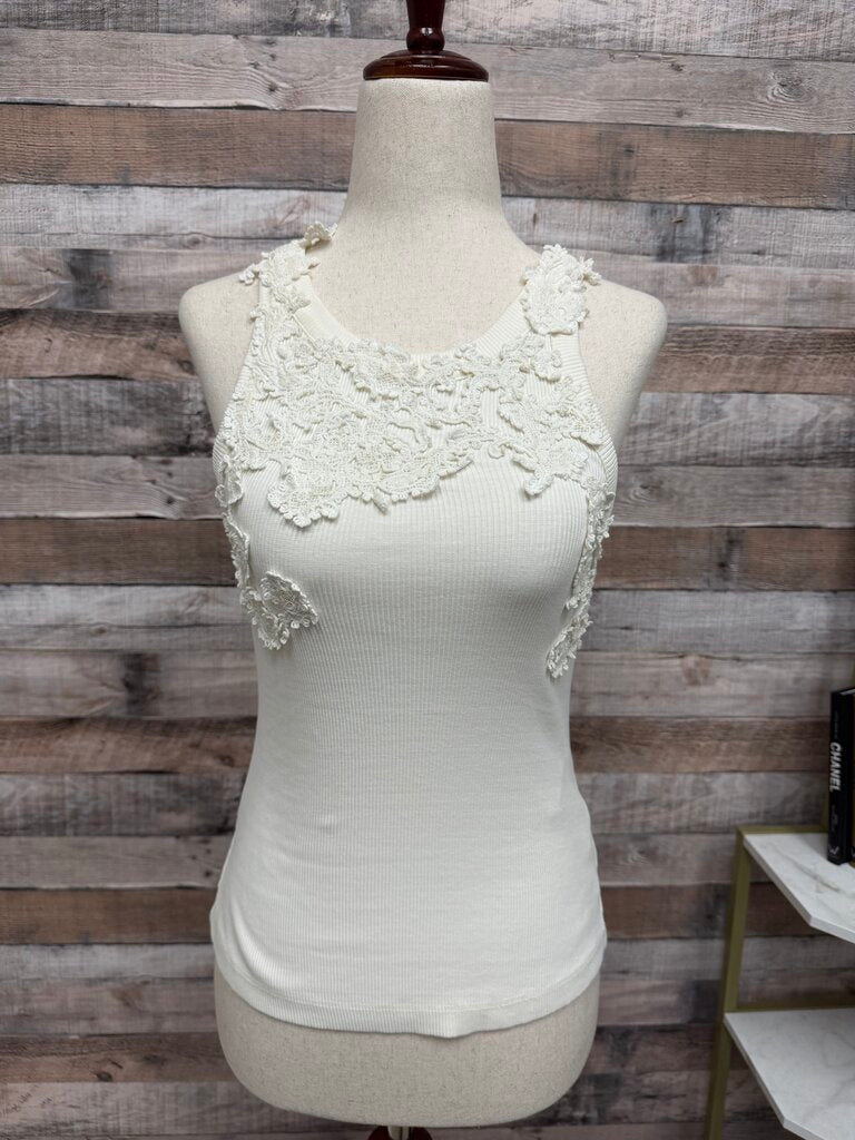 NWT Anthropologie White Embellished Lace Top Sleeveless Crochet Lace Cotton/Linen Blend