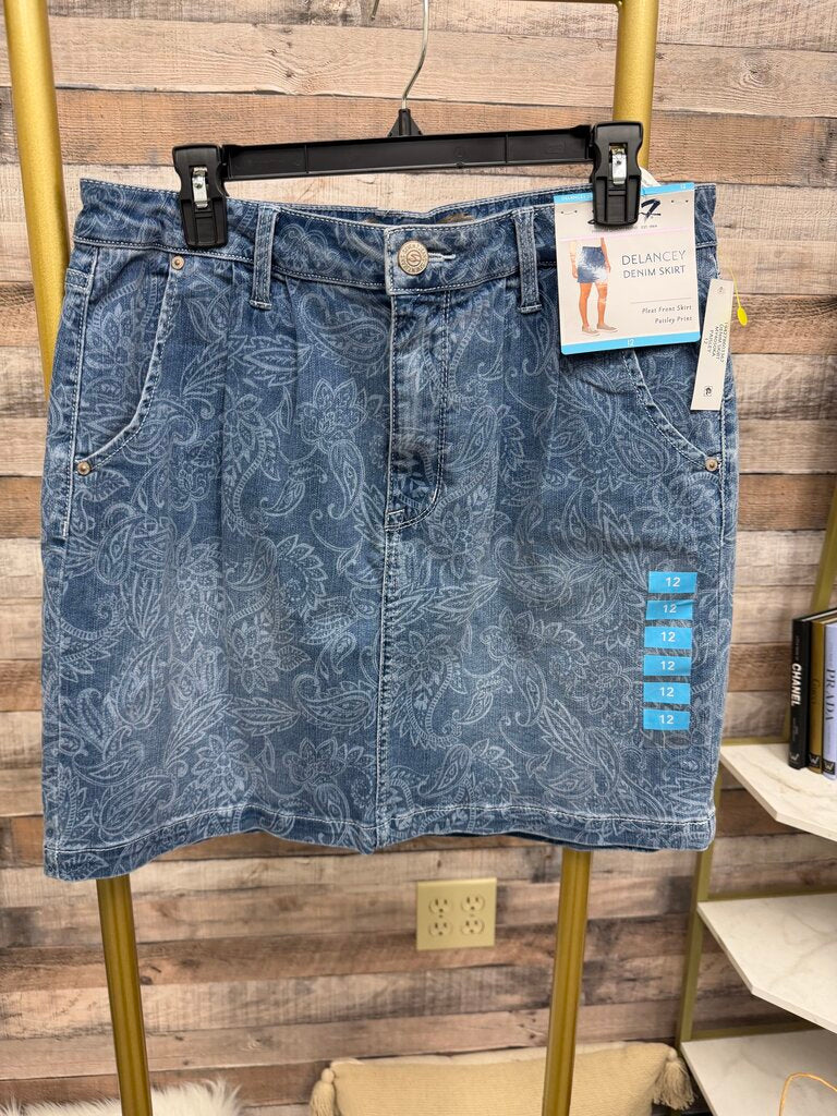 NWT Seven7 Paisley Print Blue Mini Skirt Denim Acid Wash Skirt
