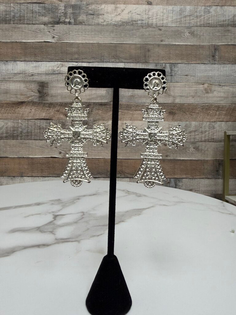 Silver Tone Rhinestone Cross Dangle Earrings N/A Silver N/A women EARRINGS - JEWELRY