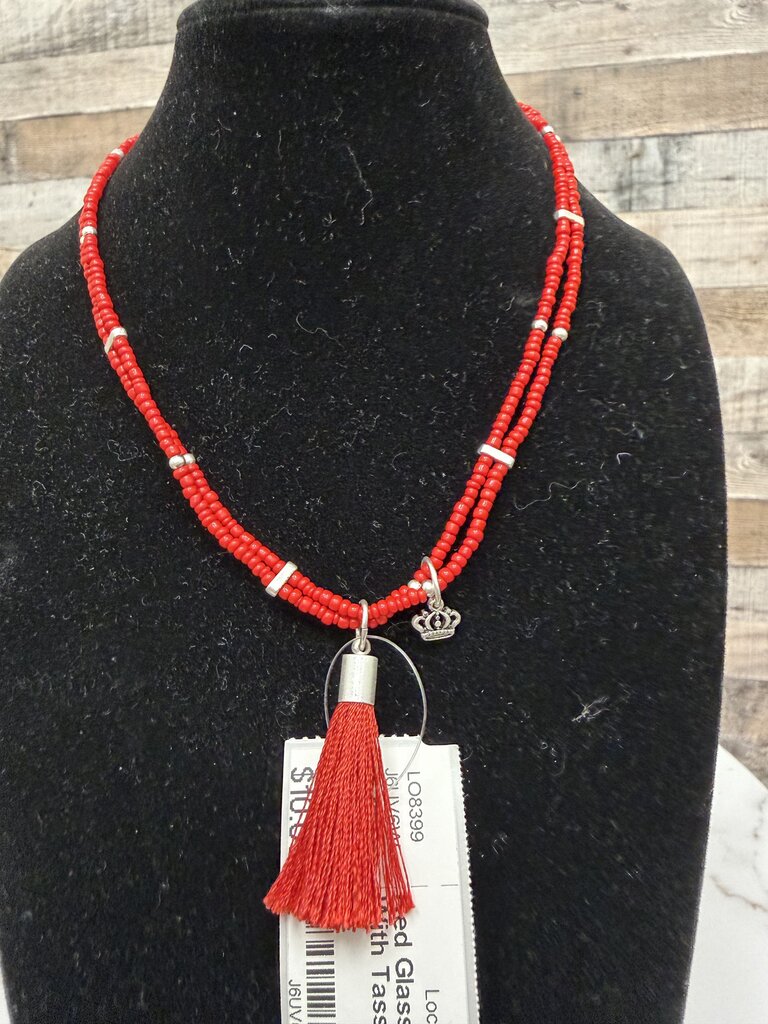 Red Glass Bead Necklace With Tassel Pendant N/A Red N/A women NECKLACE - JEWELRY