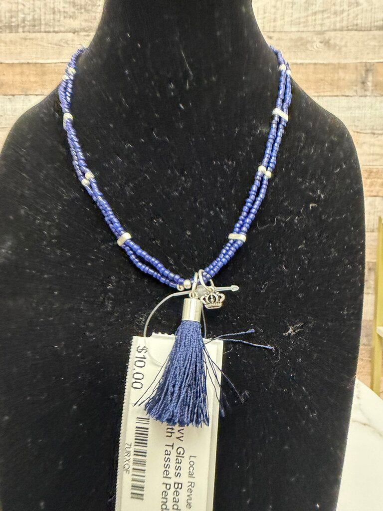 Navy Glass Bead Necklace With Tassel Pendant N/A Navy N/A women NECKLACE - JEWELRY