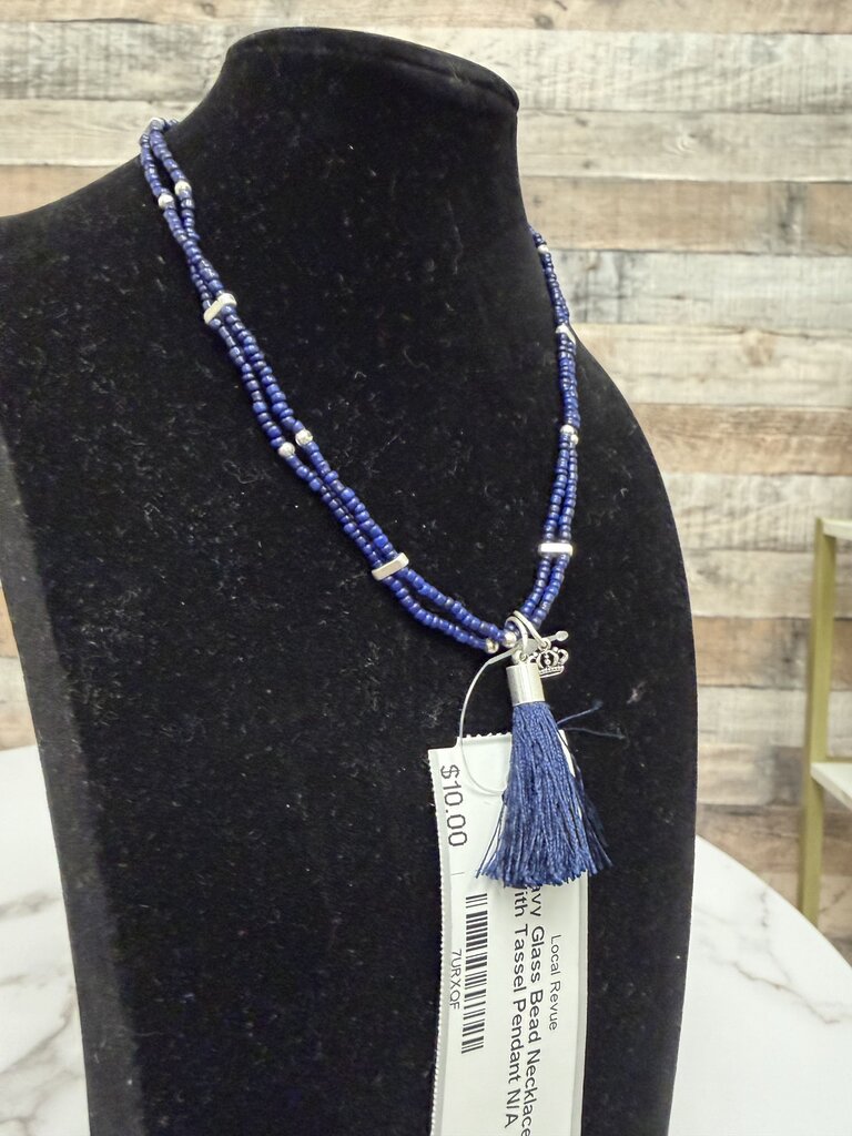 Navy Glass Bead Necklace With Tassel Pendant N/A Navy N/A women NECKLACE - JEWELRY