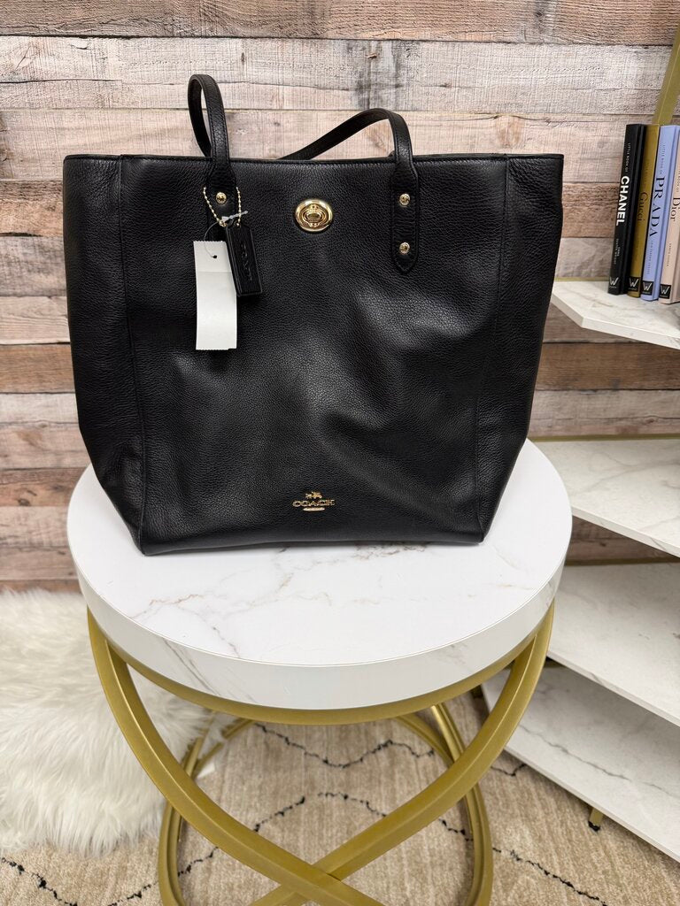 Coach Black Leather Turnlock Tote Gold Accents