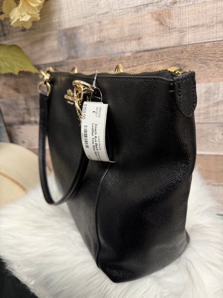 Coach Ava Black Crossgrain Leather Tote Bag With Gold Hardware