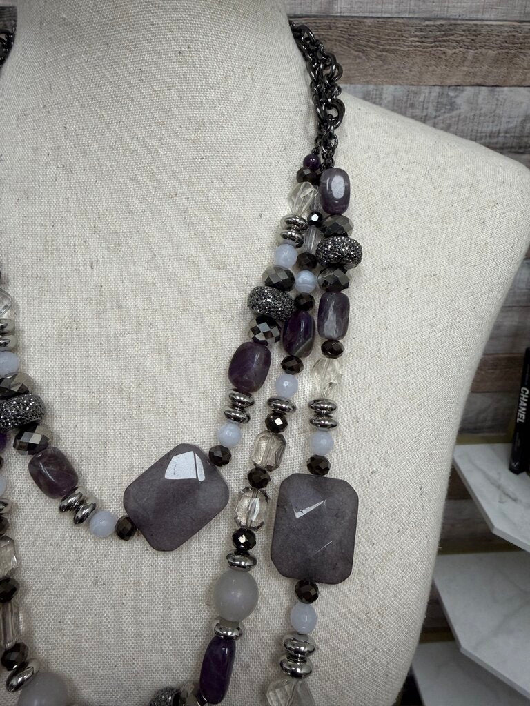 Chico's Purple/Silver Tone Beaded Necklace