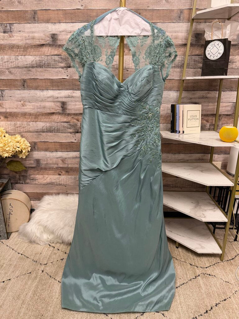 Cameron Blake Teal Embellished Cap Sleeve Formal Dress