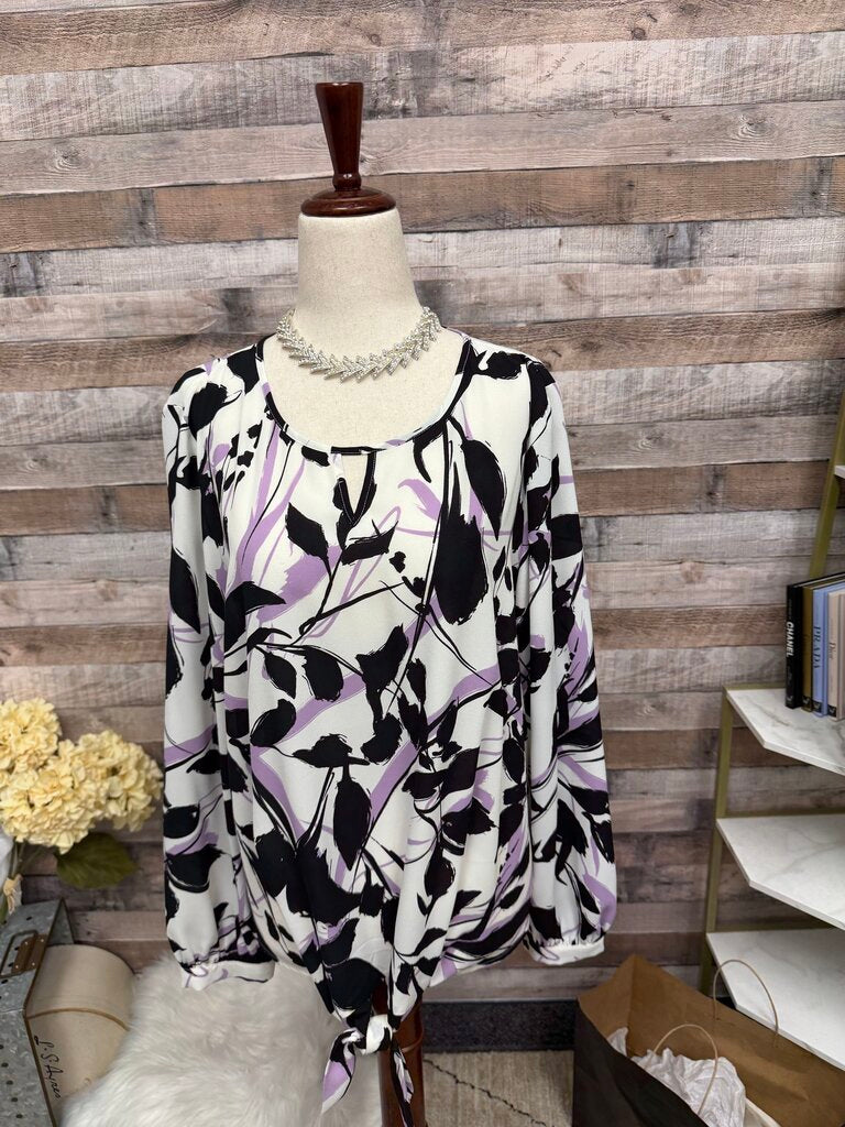 Apt. 9 Black & Purple Floral Long Sleeve Blouse