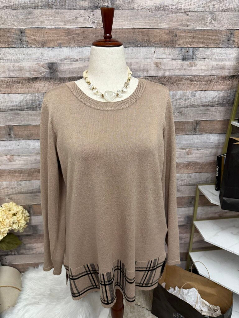 Croft & Barrow Tan Pullover Sweater With Plaid Hem Detail
