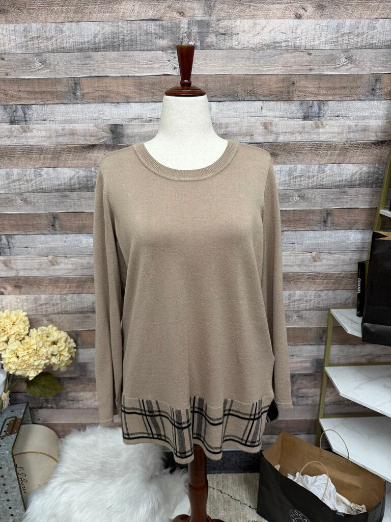 Croft & Barrow Tan Pullover Sweater With Plaid Hem Detail