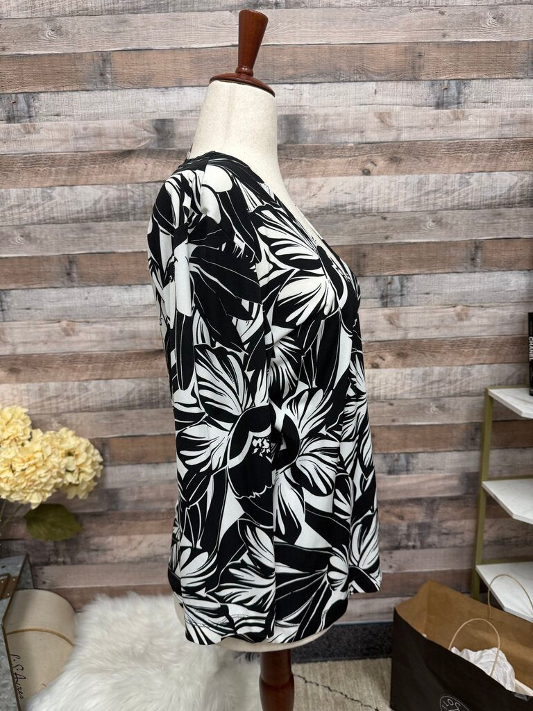 Chico's Black & White Floral Print Wrap Blouse
