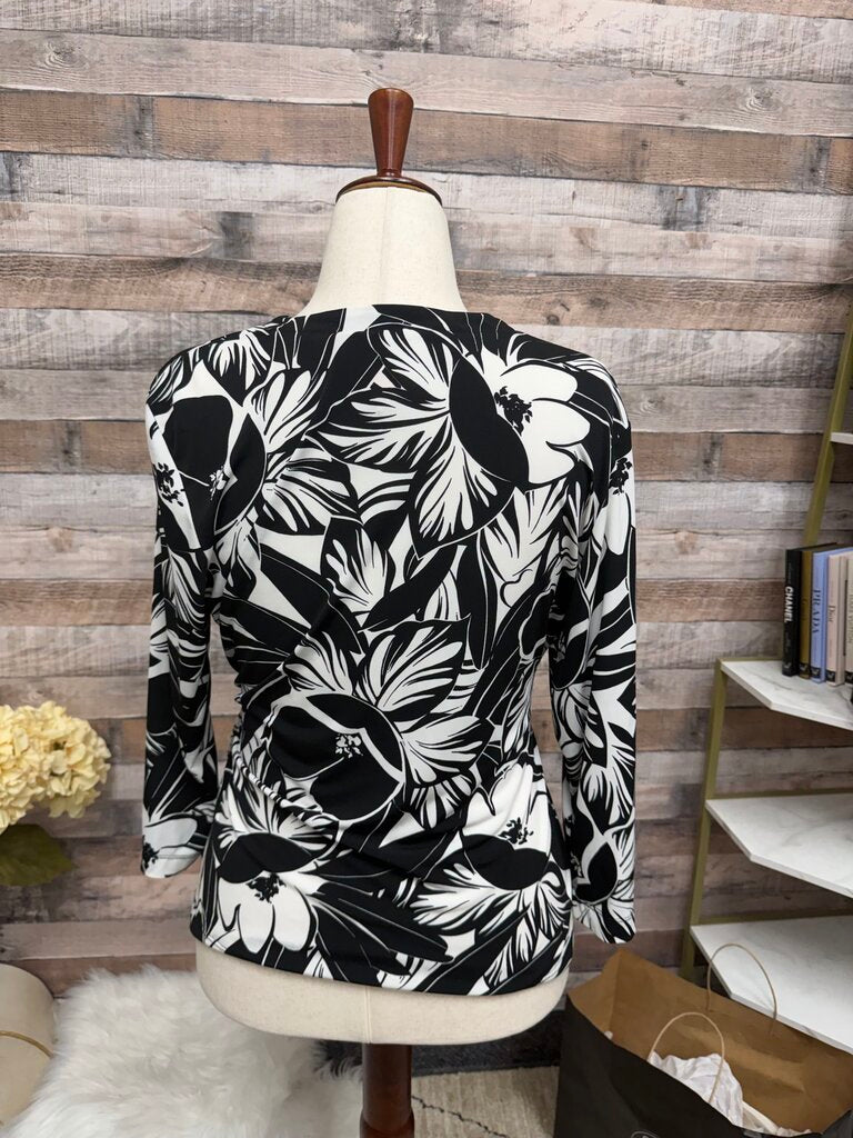 Chico's Black & White Floral Print Wrap Blouse